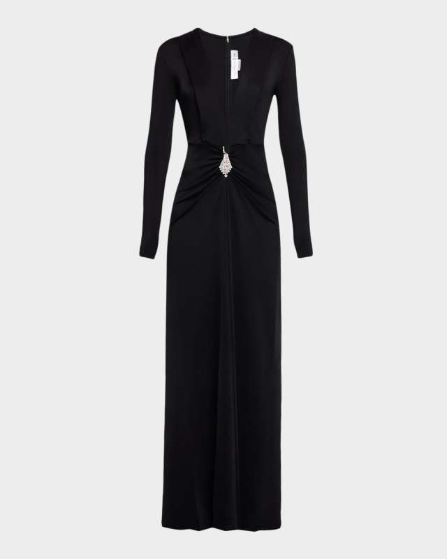 Plunging Gathered Crystal Long-Sleeve Gown